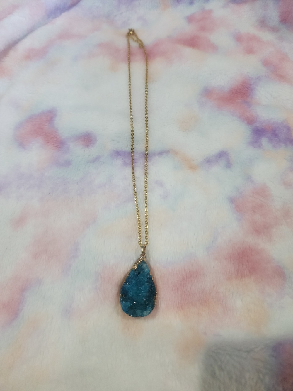 Gold Chain Necklace with Teardrop Blue Druzy Pendant